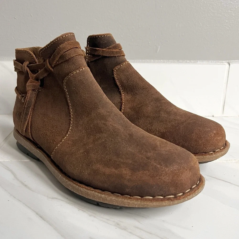 Born Women's Tarkiln Brown Suede Ankle Boots Zip Leather‎ Wrap Laces Size 6 M/W